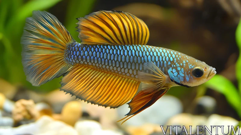 Gilded betta dragon gliding through jeweled aquarium light.