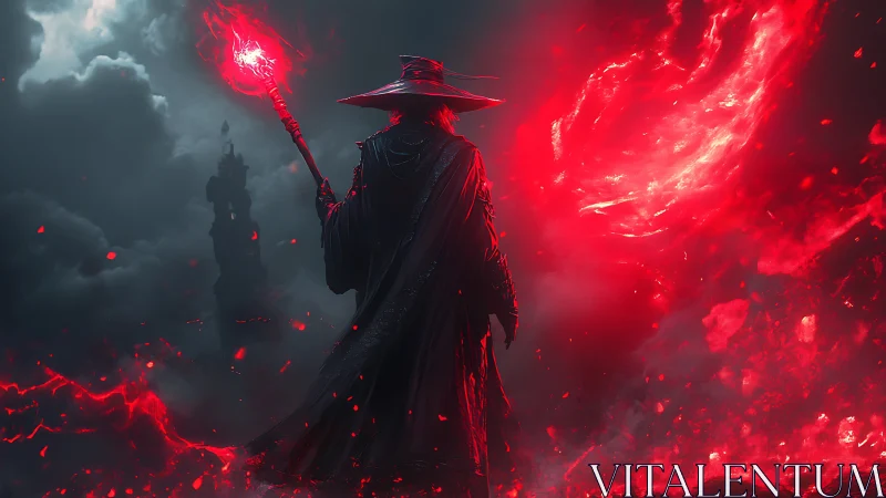 Scarlet stormlight crowns the lone warlock in hellish mist