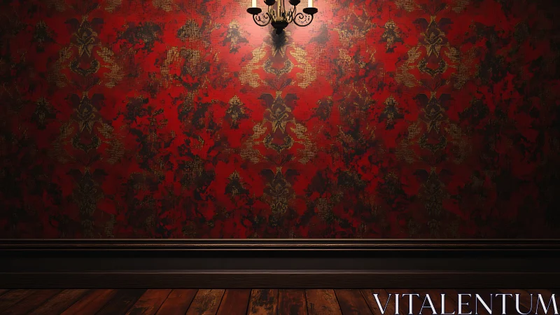 Moody red wallpaper glow over worn wooden floorboards.