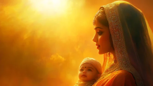 Digital portrait of Indian mother and child in golden light.