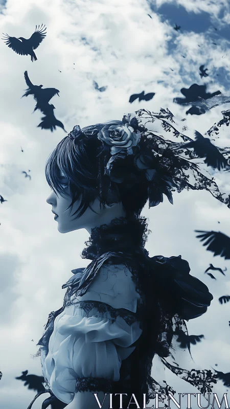 Gothic anime profile dissolves into crows against pale sky