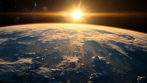 Orbital sunrise over cloud-laden Earth with lens-flare scatter.