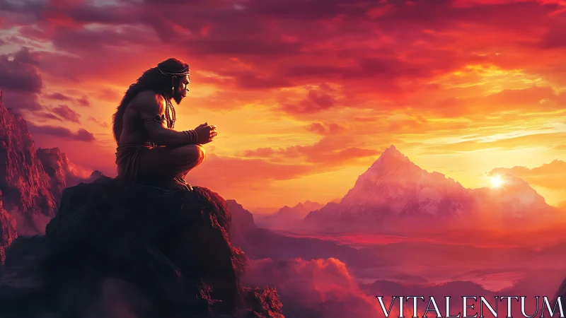 Digital painting of meditative warrior against sunset mountainscape.