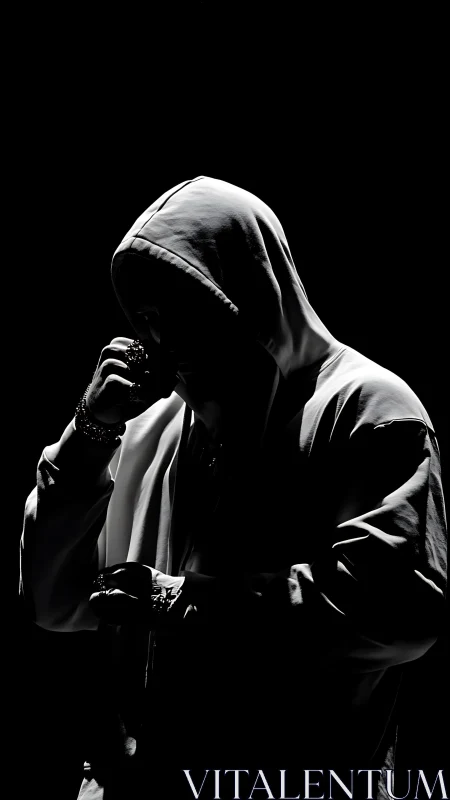 Hooded rapper silhouette in dramatic low key side lighting.
