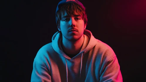 Portrait of young man in hoodie under colored gel lights.