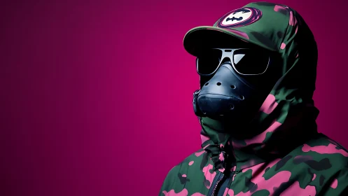Masked figure in camo jacket against magenta backdrop.