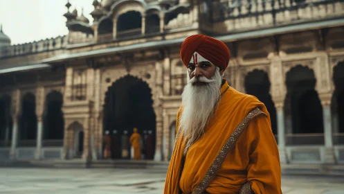 Elderly Sikh man in saffron robes before ornate stone temple