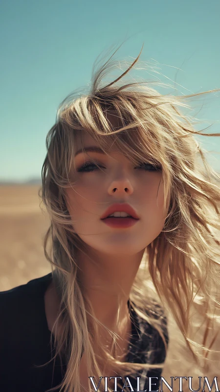 Windblown blonde portrait rendered in high-key photorealism