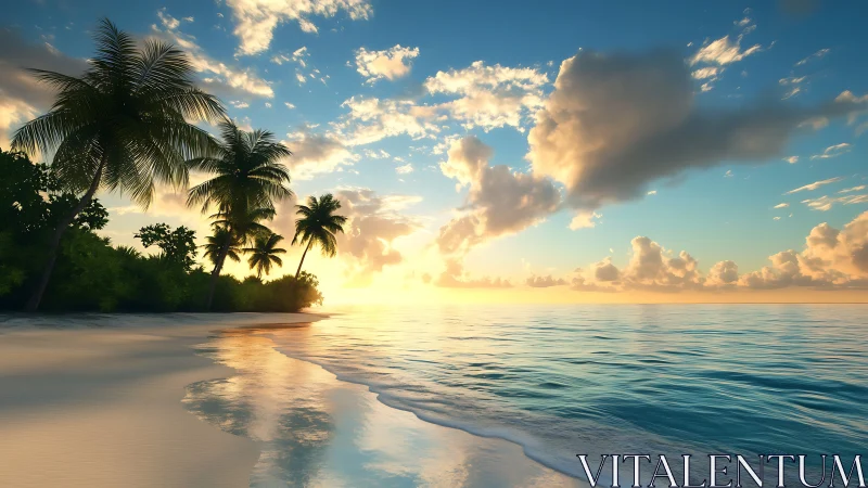 Tropical Beach Sunrise Over Calm Waters.