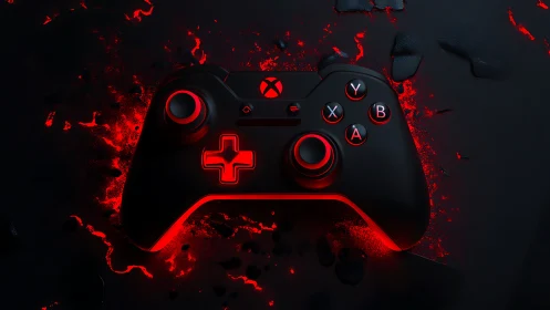 Black gaming controller over glowing red molten surface.