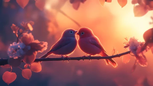 Two Birds Perched on Branch in Golden Sunset Light.