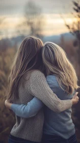 Two women embrace in golden sunset light overlooking misty landscape.