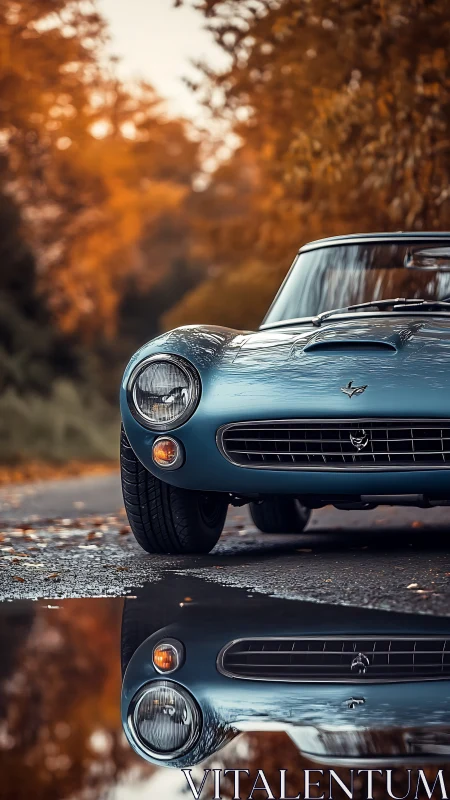 Classic blue sports car gleams along a quiet autumn road