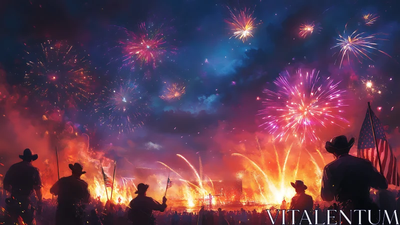 Cowboys gather under festive fireworks in a glowing sky.