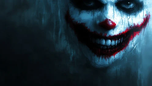Sinister clown portrait with smeared bloodred smile.