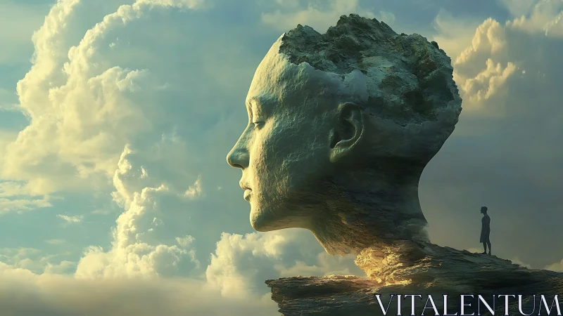 Colossal stone head merges with sky in surreal dusk landscape