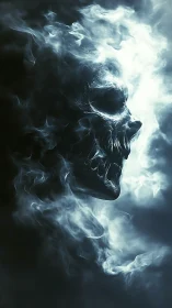 Spectral smoke skull emerging from darkness in teal haze.