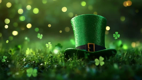 Glittered green leprechaun hat in shallow depth-of-field clover field