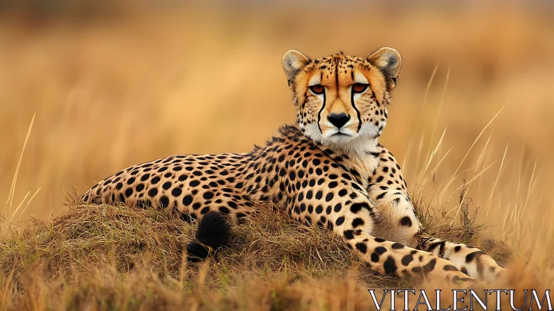 Cheetah rests alert on grass mound within golden savanna