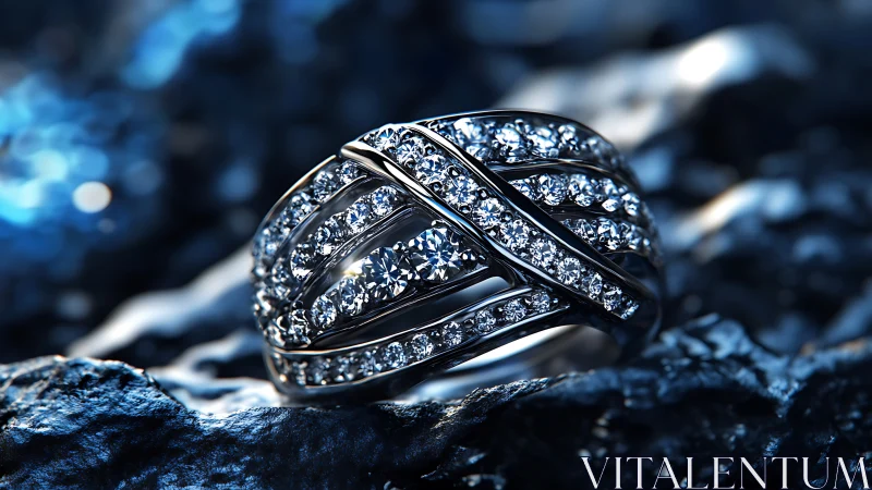 Intricate diamond pav&eacute; ring rendered in cold blue photorealism