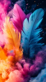 Three colored feathers intersect within dense pigment clouds