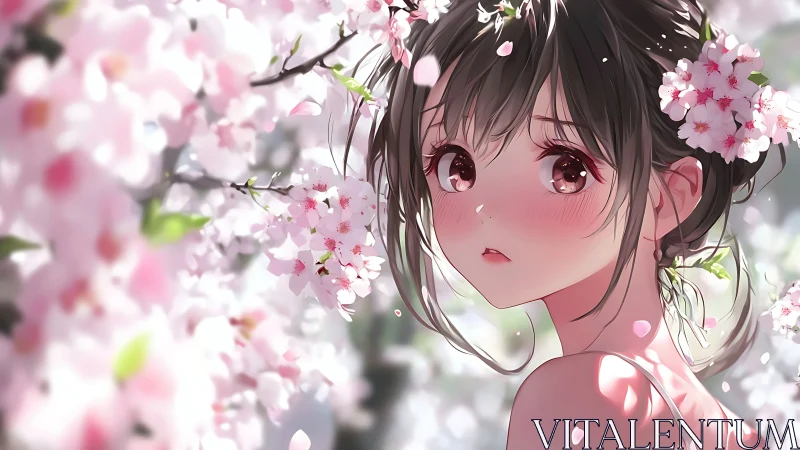 Anime girl portrait among blooming cherry blossoms outdoors.