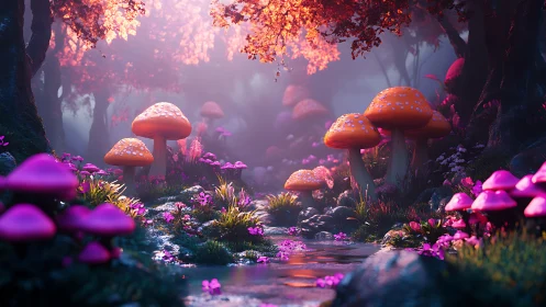 Mushroom forest stream under colorful glowing foliage.