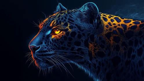 Neon-lit leopard portrait with luminescent eyes against dark background.