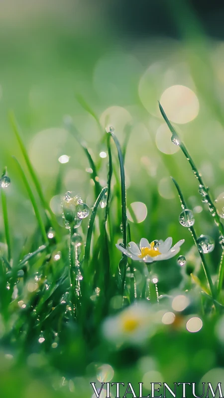 Tiny daisy glowing with morning dew in a soft green meadow.