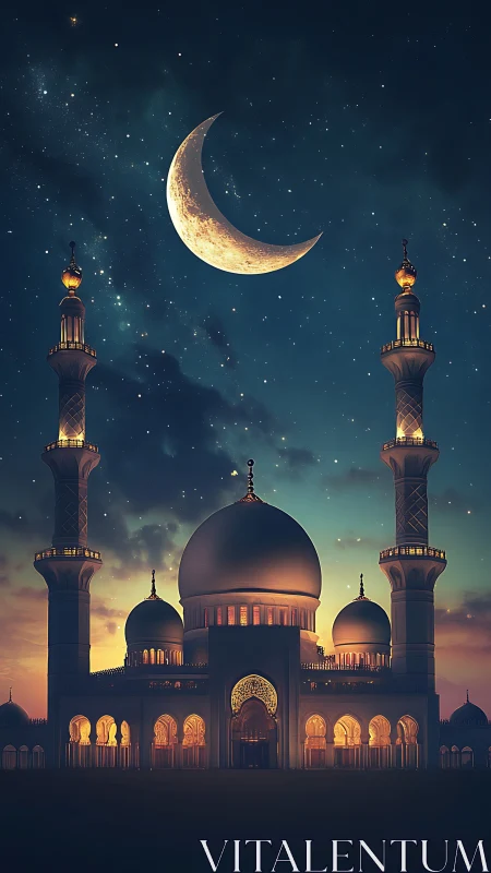 Crescent moon over illuminated mosque at night sky.