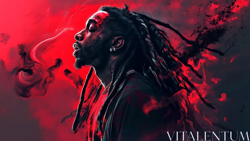 Digital portrait of rapper in red smoke abstraction.