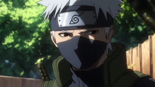 Masked silver-haired ninja stands watch in sunlit village