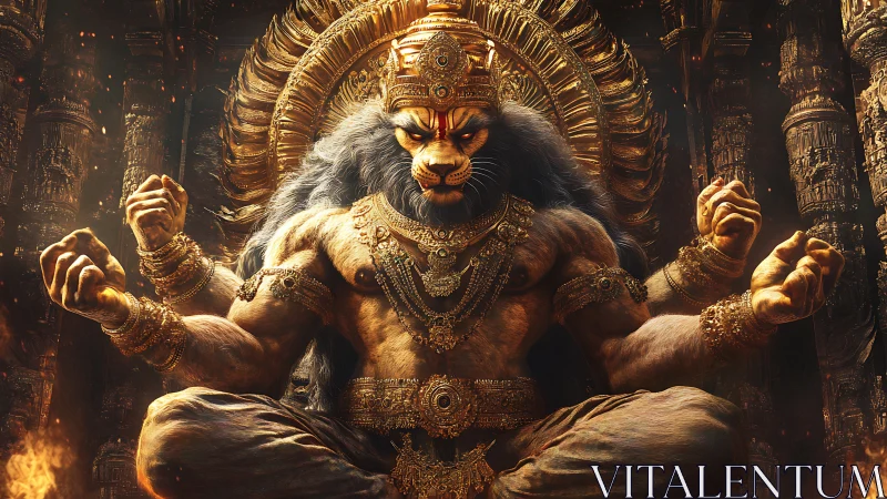 Mythic lion deity in molten gold-lit temple environment.