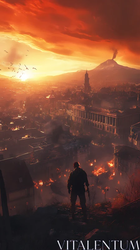 Solitary armed figure surveys burning city at volcanic sunset