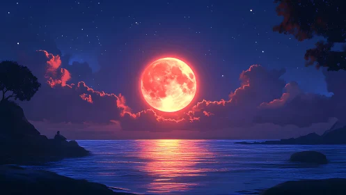 Crimson moonrise painting quiet secrets over glassy sea.