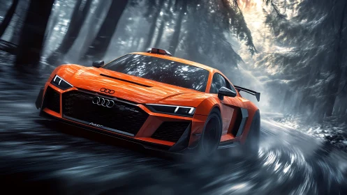 Orange supercar carving misty forest curves at full speed.