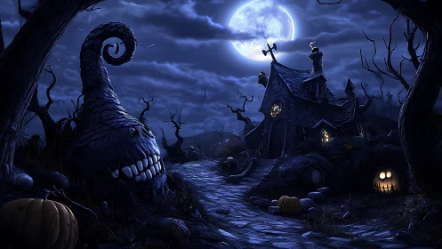 Moonlit haunted cottage with playful, glowing pumpkins.