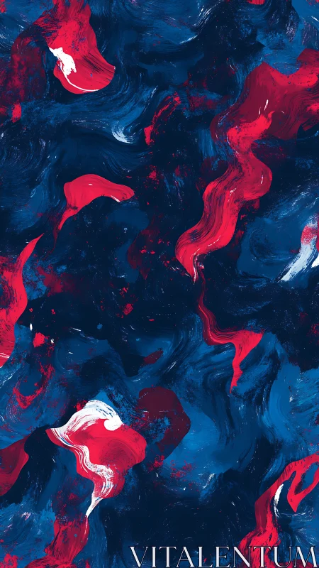 Crimson waveforms drift through deep indigo abstract field.