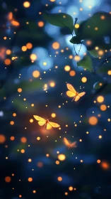 Glowing butterflies drift through a dreamy forest nightscape.