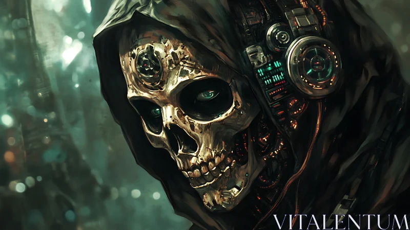 Cyborg skull in hooded cloak with glowing cybernetic core.