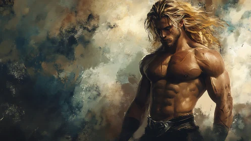 Stormforged warrior strides through swirling painted thunder.