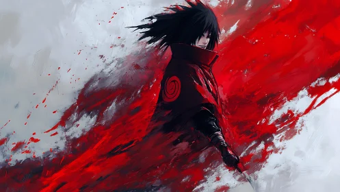 Dark warrior strides through crimson storm of swirling power.