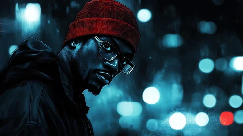 Cyberpunk portrait in teal bokeh with red beanie accent lighting.