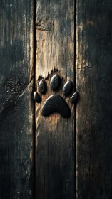 Paw print relief embedded in vertically aligned aged wood.