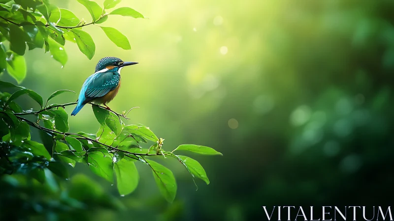 Vibrant kingfisher perched on leafy branch in dreamy sunlight.