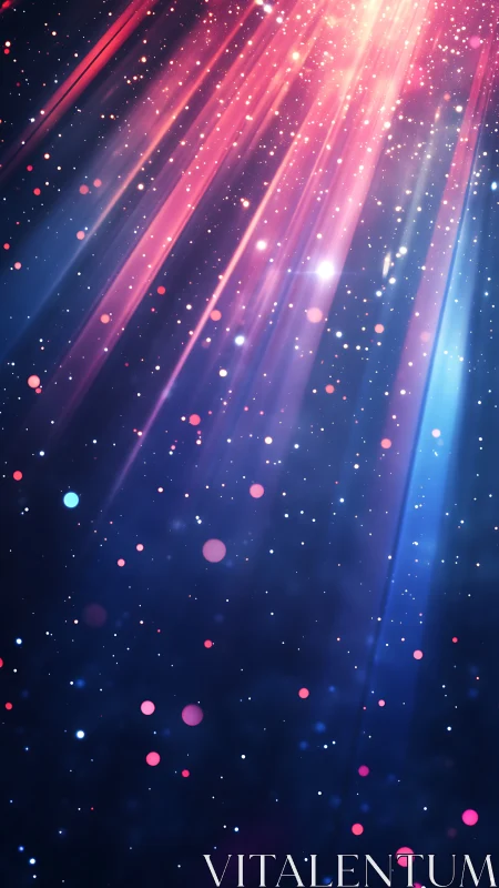 Neon light beams over starry bokeh night sky background.