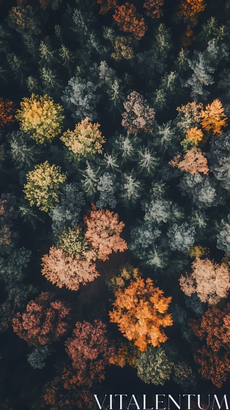 Aerial autumn forest canopy with chromatic tree geometry.