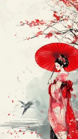 Woman in red kimono holding umbrella under blossom tree.