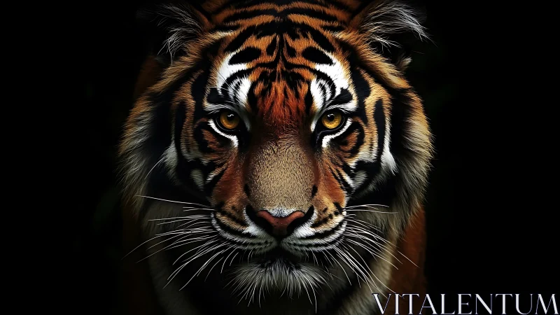 Intense tiger portrait emerges from dramatic black shadows.