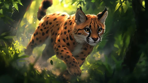 Digitally rendered lynx walking through sunlit forest vegetation.